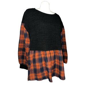 BloomChic Plaid Long Sleeve Crewneck Ruffle Hem Boho Babydoll Blouse Sz 22/24 Wo